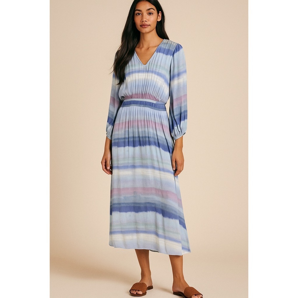 Cloth & Stone Multicolor Tie Dye Striped Maxi Long Sleeve Flowy V-neck Dress